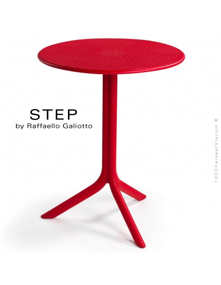Table STEP, plateau rond plastique ajouré, piétement colonne centrale plastique rouge.