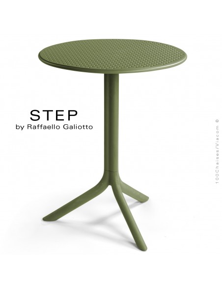 Table STEP, plateau rond plastique ajouré, piétement colonne centrale plastique vert.
