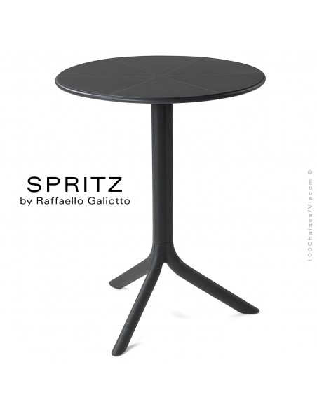 Table SPRITZ, plateau rond plastique plein, piétement colonne centrale plastique anthracite.