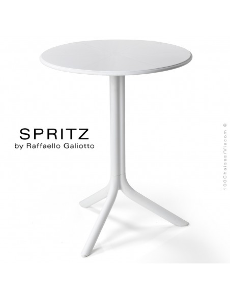 Table SPRITZ, plateau rond plastique plein, piétement colonne centrale plastique blanc.