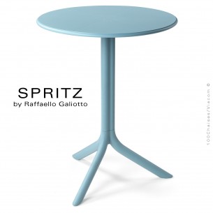 Table SPRITZ, plateau rond plastique plein, piétement colonne centrale plastique bleu.