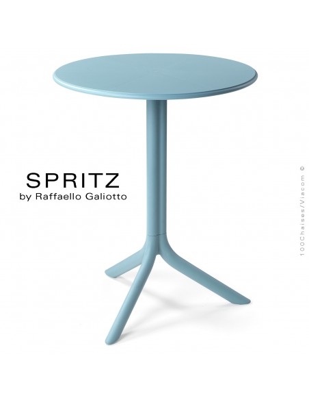 Table SPRITZ, plateau rond plastique plein, piétement colonne centrale plastique bleu.