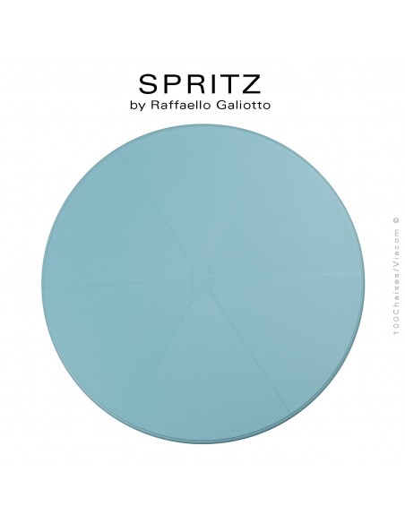 Table SPRITZ, plateau rond plastique plein, piétement colonne centrale plastique bleu.