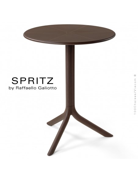 Table SPRITZ, plateau rond plastique plein, piétement colonne centrale plastique café.