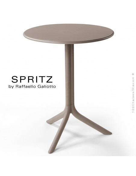 Table SPRITZ, plateau rond plastique plein, piétement colonne centrale plastique gris tourterelle.