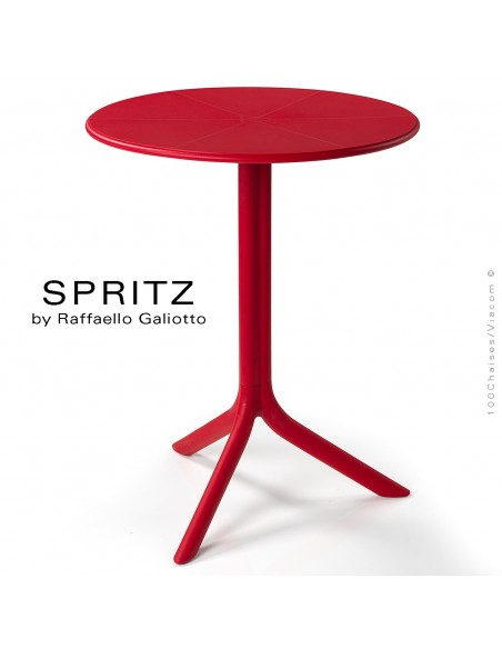 Table SPRITZ, plateau rond plastique plein, piétement colonne centrale plastique rouge.