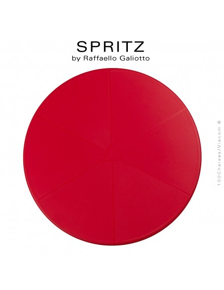 Table SPRITZ, plateau rond plastique plein, piétement colonne centrale plastique rouge.