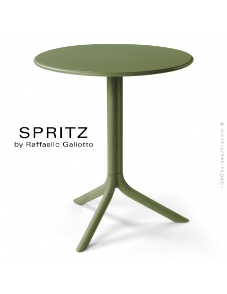 Table SPRITZ, plateau rond plastique plein, piétement colonne centrale plastique vert.