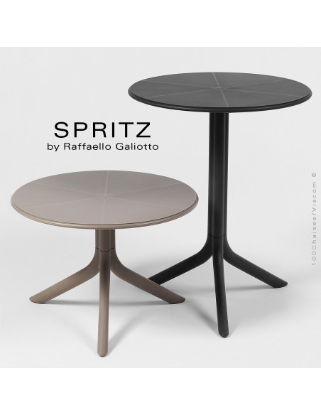 Collection table SPRITZ, plateau rond plastique plein, piétement colonne centrale plastique.