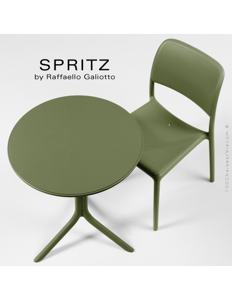 Collection table SPRITZ, plateau rond plastique plein, piétement colonne centrale plastique.