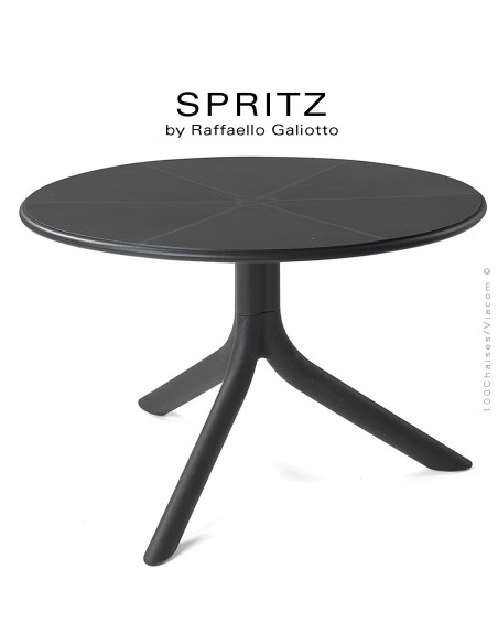 Table basse SPRITZ, plateau rond plastique plein, piétement colonne centrale plastique anthracite.