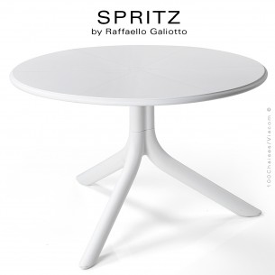 Table basse SPRITZ, plateau rond plastique plein, piétement colonne centrale plastique blanc.