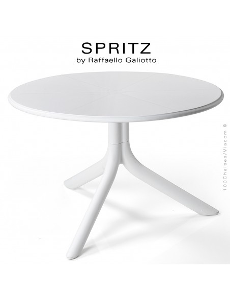 Table basse SPRITZ, plateau rond plastique plein, piétement colonne centrale plastique blanc.