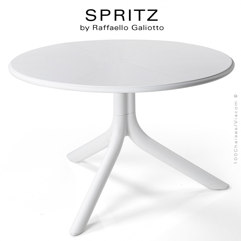 Table basse SPRITZ, plateau rond plein plastique, piétement colonne  centrale terminaison trois branches plastique.