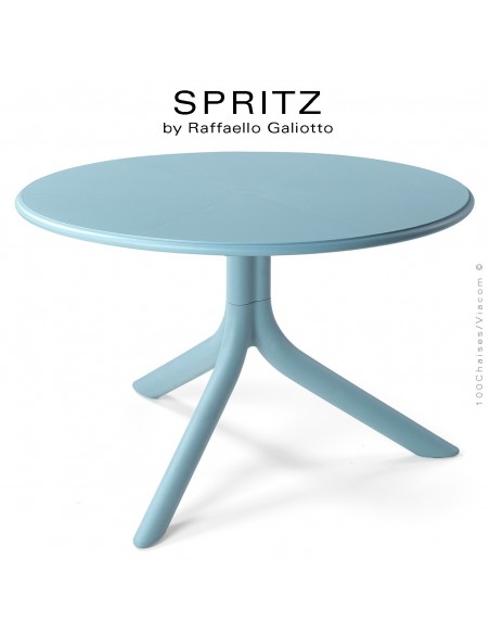 Table basse SPRITZ, plateau rond plastique plein, piétement colonne centrale plastique bleu.