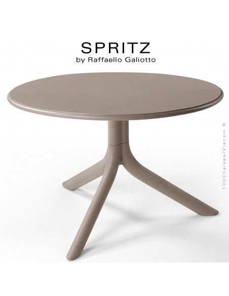 Table basse SPRITZ, plateau rond plastique plein, piétement colonne centrale plastique gris tourterelle.