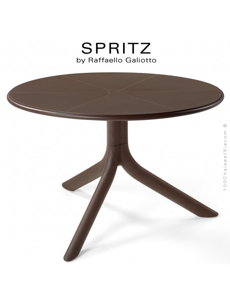 Table basse SPRITZ, plateau rond plastique plein, piétement colonne centrale plastique café.