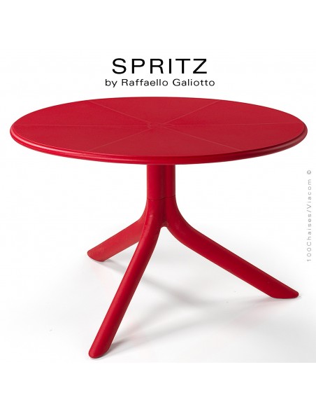 Table basse SPRITZ, plateau rond plastique plein, piétement colonne centrale plastique rouge.