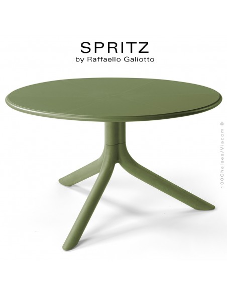 Table basse SPRITZ, plateau rond plastique plein, piétement colonne centrale plastique vert.