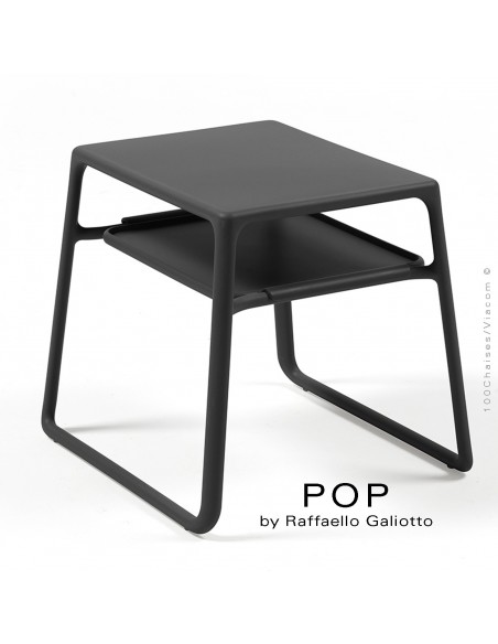 Table basse POP, plateau rectangulaire plastique, piétement luge plastique anthracite.
