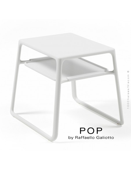 Table basse POP, plateau rectangulaire plastique, piétement luge plastique blanc.