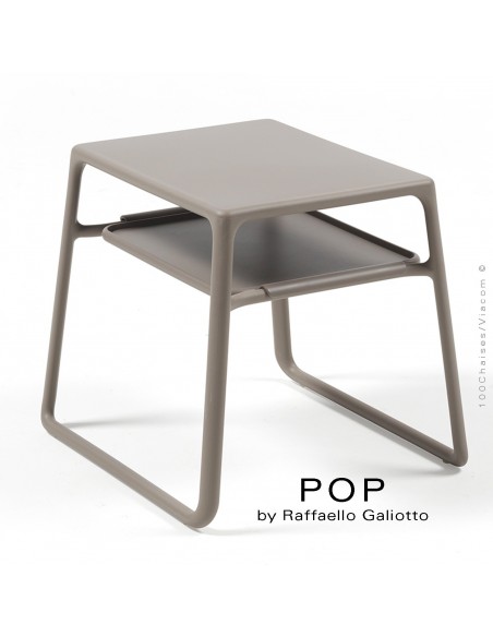Table basse POP, plateau rectangulaire plastique, piétement luge plastique gris tourterelle.