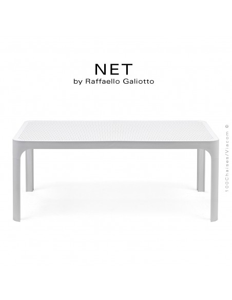 Table basse NET, structure 4 pieds plastique, plateau rectangulaire ajouré plastique blanc.