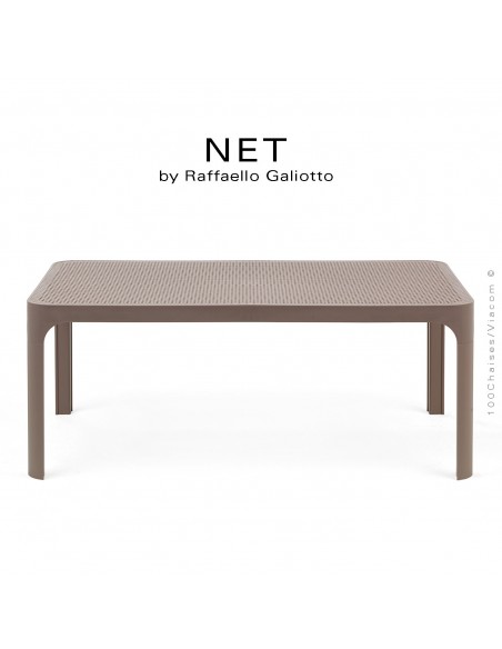 Table basse NET, structure 4 pieds plastique, plateau rectangulaire ajouré plastique gris tourterelle.