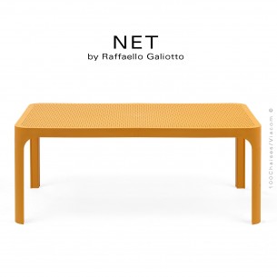 Table basse NET, structure 4 pieds plastique, plateau rectangulaire ajouré plastique jaune moutarde.