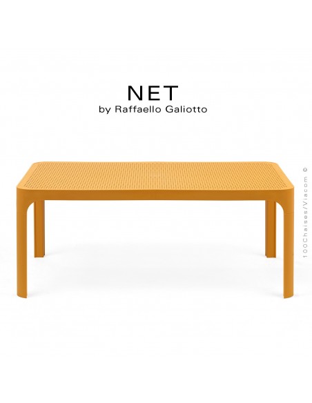 Table basse NET, structure 4 pieds plastique, plateau rectangulaire ajouré plastique jaune moutarde.