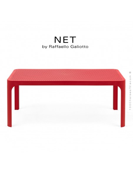 Table basse NET, structure 4 pieds plastique, plateau rectangulaire ajouré plastique rouge corail.