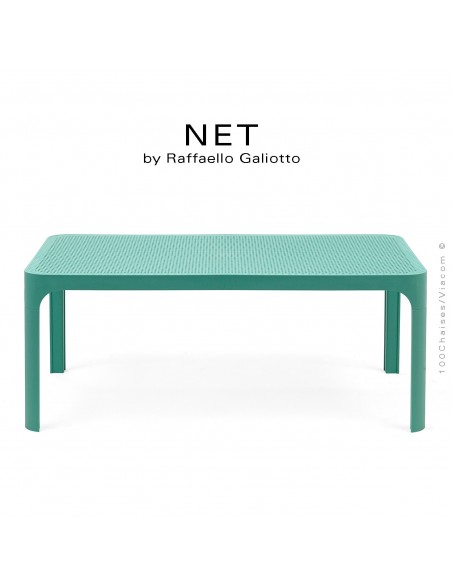 Table basse NET, structure 4 pieds plastique, plateau rectangulaire ajouré plastique vert pastel.