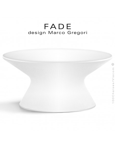 Table basse ronde lumineuse design FADE, structure monobloc plastique blanc, pour terrasse bord de mer ou montage.