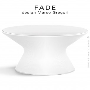 Table basse ronde lumineuse design FADE, structure plastique blanc, avec plateau HPL blanc, pour bord de mer ou montage.
