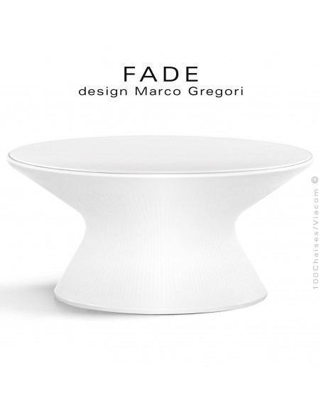 Table basse ronde lumineuse design FADE, structure plastique blanc, avec plateau HPL blanc, pour bord de mer ou montage.