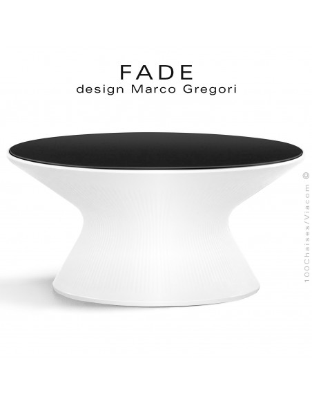 Table basse ronde lumineuse design FADE, structure plastique noir, avec plateau HPL blanc, pour bord de mer ou montage.
