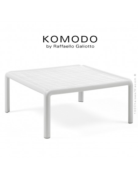Table basse KOMODO, structure 4 pieds plastique, plateau carré plastique blanc.
