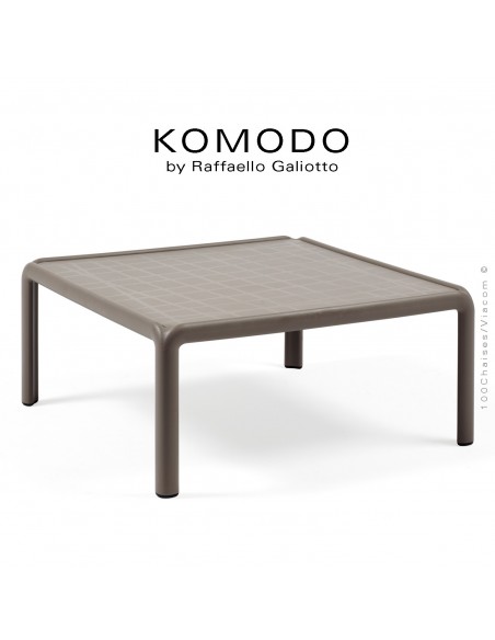 Table basse KOMODO, structure 4 pieds plastique, plateau carré plastique gris tourterelle.