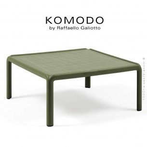 Table basse KOMODO, structure 4 pieds plastique, plateau carré plastique vert.