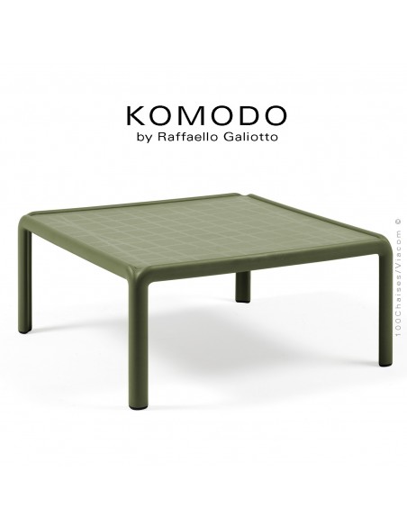 Table basse KOMODO, structure 4 pieds plastique, plateau carré plastique vert.