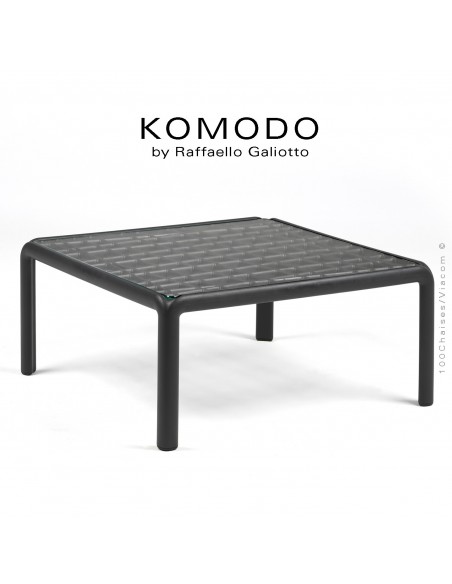 Table basse KOMODO, structure 4 pieds plastique anthracite, plateau carré verre.