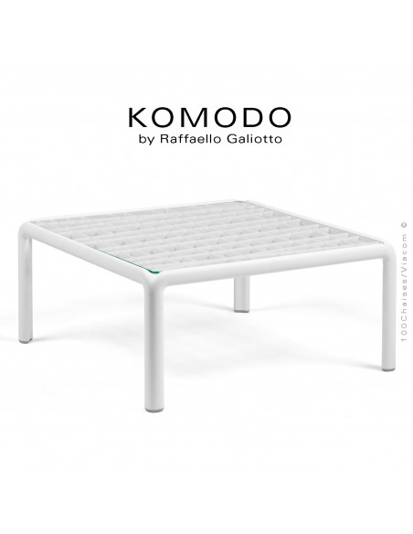 Table basse KOMODO, structure 4 pieds plastique blanc, plateau carré verre.