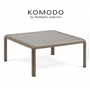 Table basse KOMODO, structure 4 pieds plastique gris tourterelle, plateau carré verre.