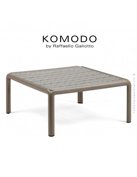 Table basse KOMODO, structure 4 pieds plastique gris tourterelle, plateau carré verre.