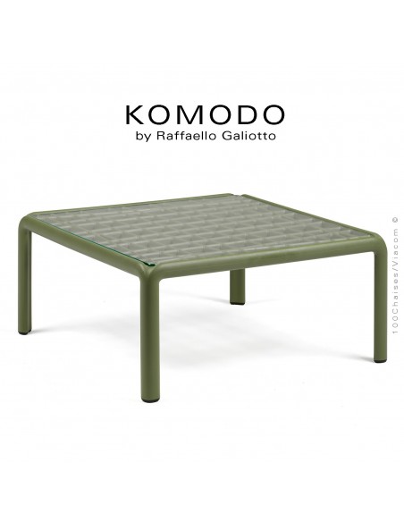 Table basse KOMODO, structure 4 pieds plastique vert, plateau carré verre.