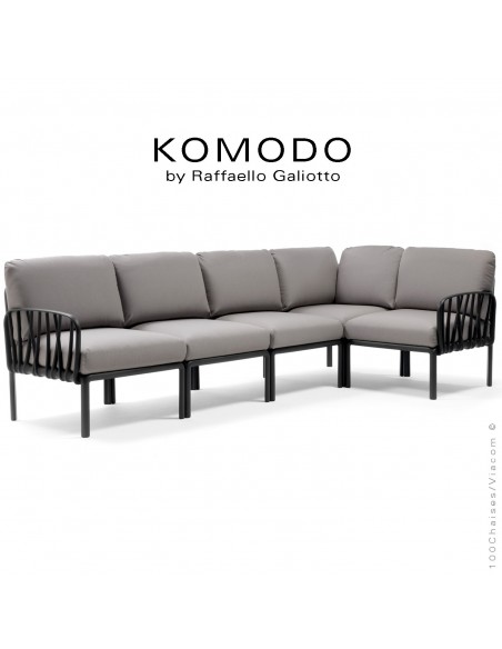 Canapé KOMODO, 5 modules structure plastique anthracite, avec coussin tissu gris.