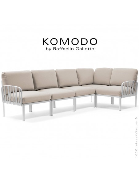 Canapé KOMODO, 5 modules structure plastique blanc, avec coussin tissu blanc cassé.