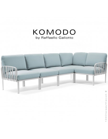 Canapé KOMODO, 5 modules structure plastique blanc, avec coussin tissu bleu clair.