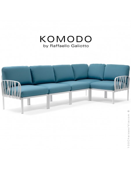 Canapé KOMODO, 5 modules structure plastique blanc, avec coussin tissu bleu foncé.