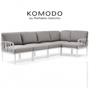 Canapé KOMODO, 5 modules structure plastique blanc, avec coussin tissu gris.